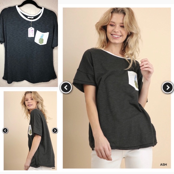 New Umgee Ash Grey Pineapple Pocket Tee - Picture 2 of 8